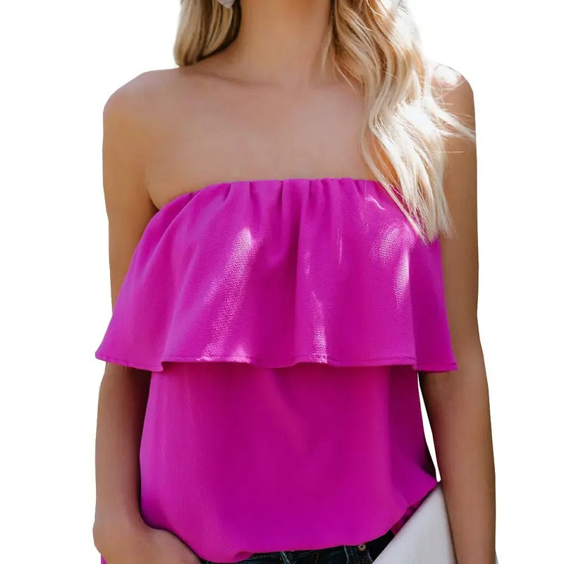 PiePieBuy Womens Ruffles Tie Front Blouse Chiffon Strapless Tiered Tube Tops Shirts Hoodie, Sweatshirt | PodTeesHub.com