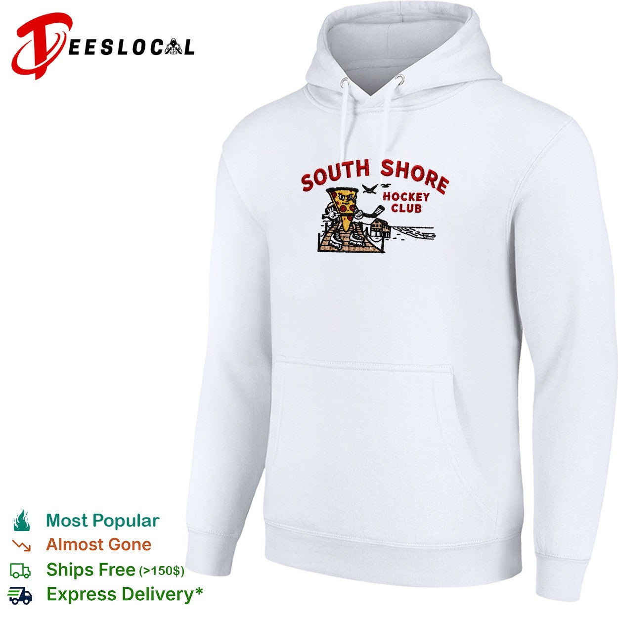 Pizza holding hockey stick South Shore Hockey Club shirt