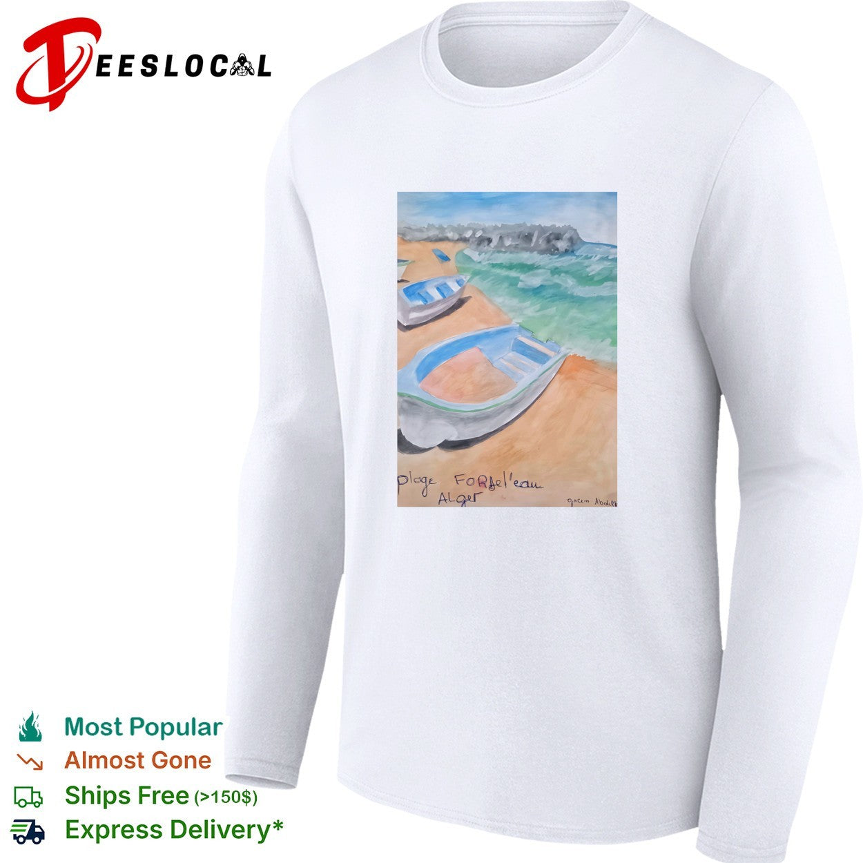 Plage Fondbel’eau Alger watercolor boats shirt