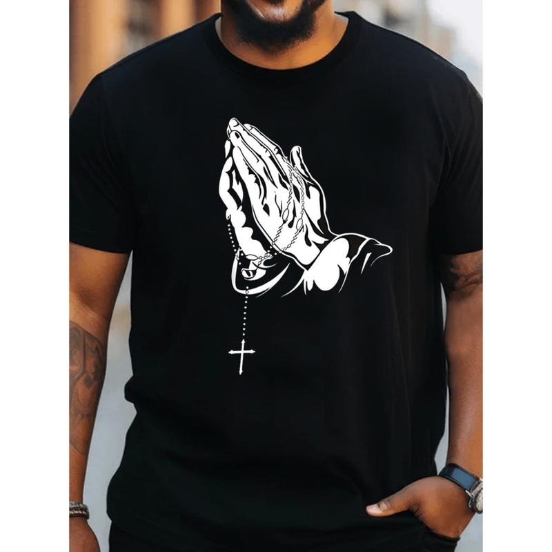Plus Size Black Cotton T Shirt With Prayer Hands Graphic Print Comfortable Round Neck Religious Design For Summer Casual...
