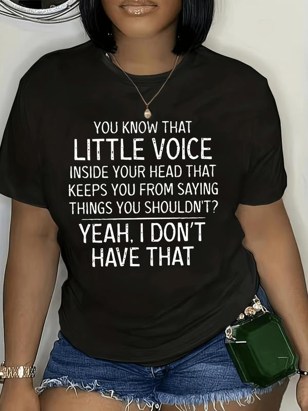 Plus Size LITTLE VOICE Print T-shirt, Short Sleeve Crew Neck Casual Top for Spring & Summer Women's Clothing Hoodie,...