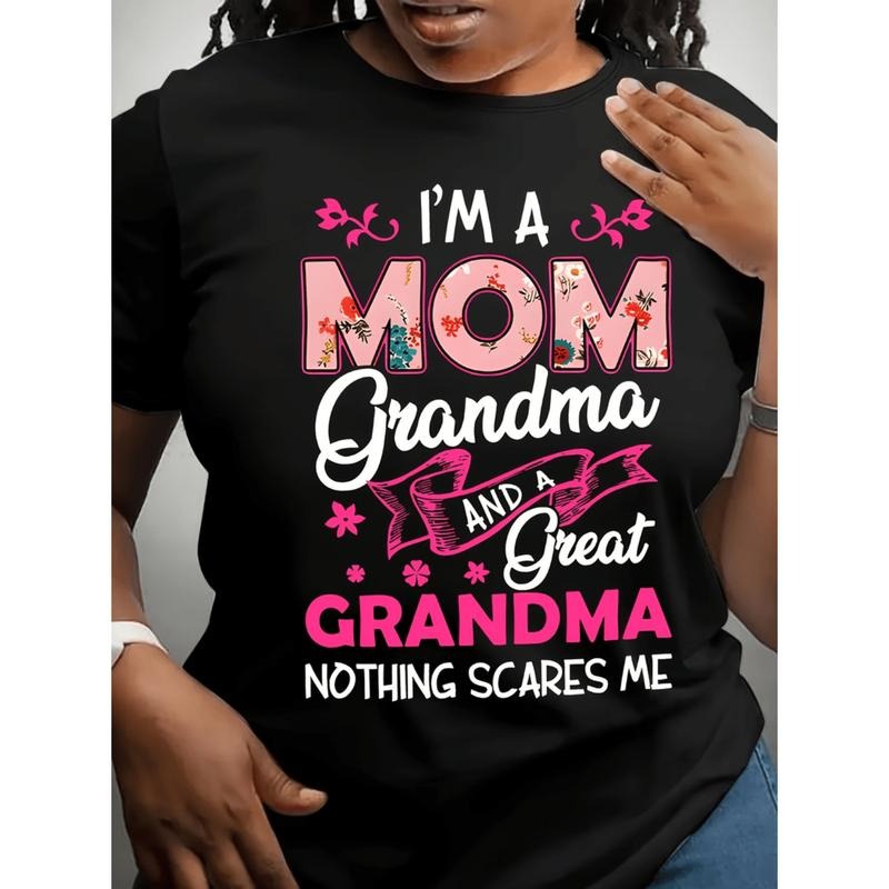 Plus Size Women Casual T-Shirt Round Neck Short Sleeve With Funny Grandma Print Machine Washable Knitted Fabric Hoodie,...