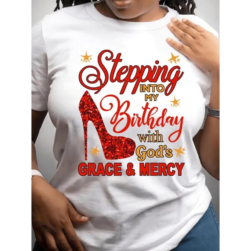 Plus Size Women's Casual Crew Neck T-Shirt - "Stepping into My Birthday" Graphic Print, Smooth Polyester Medium Stretch...