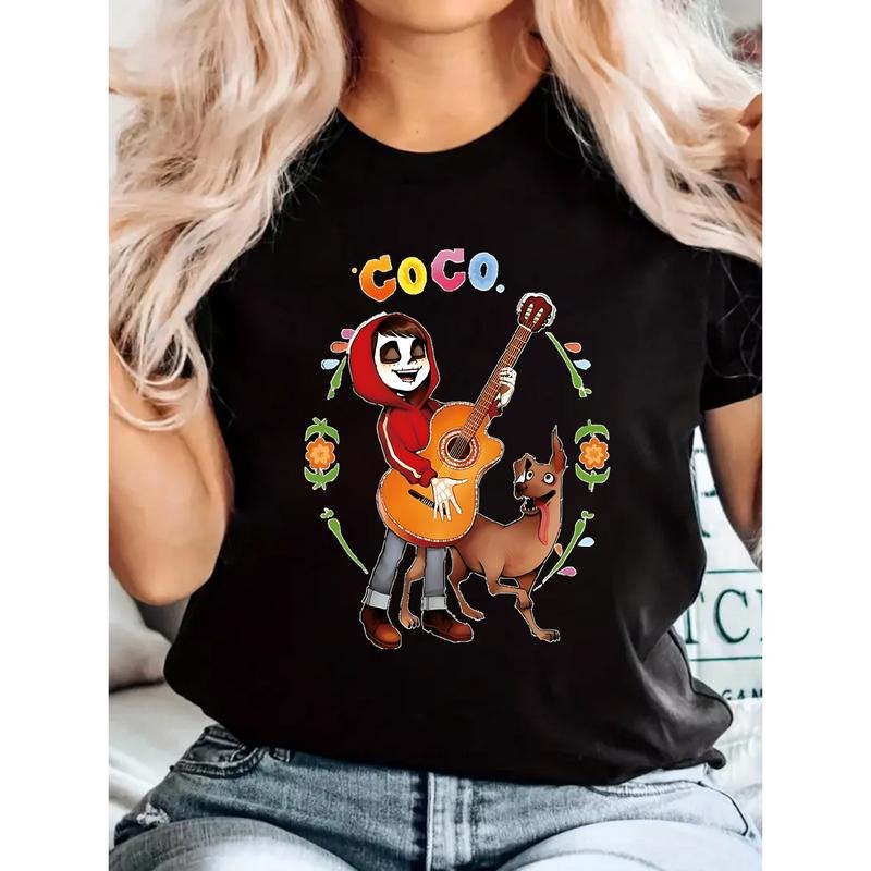 Plus Size Womens Oversized Loose Fit V-Neck Cotton T-shirt Mexican Folk Art Guitar Dog Graphic Tee Black Coco Text Trendy...