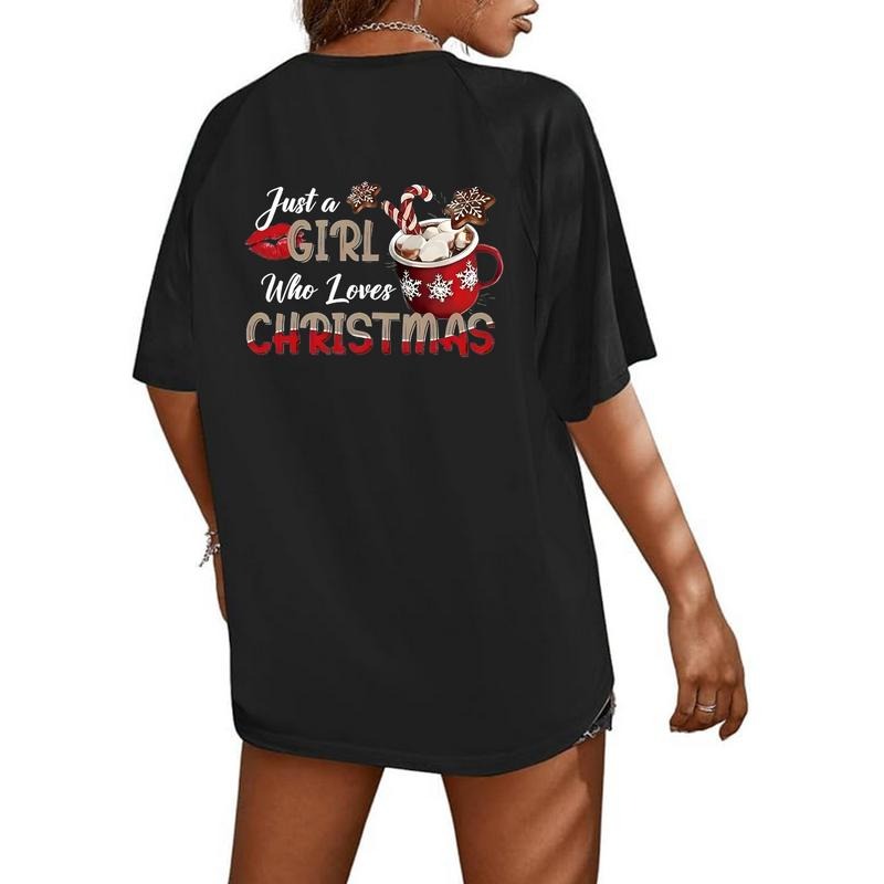 Plus size casual cotton T-shirt with Christmas motifs including snowflakes and coffee cups just a Who Loves Christmas...