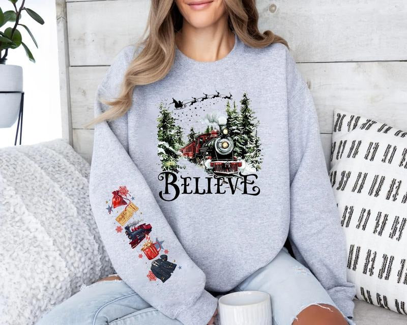 Polar Express Sleeve Sweatshirt Hoodie, 90s Christmas Movies Hoodie, Polar Express Believe Sweatshirt, Christmas Hoodie,...