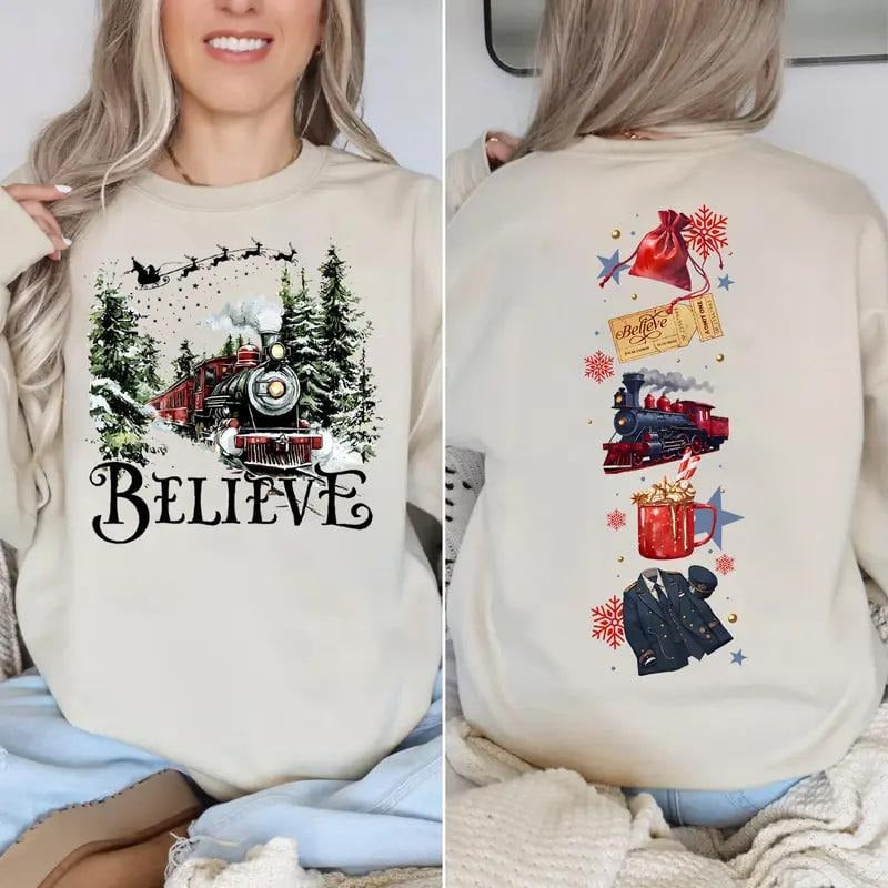 Polar Express two-sided sweatshirt, retro 90s Christmas movie tee with 'Believe' design, cozy holiday shirt, perfect...