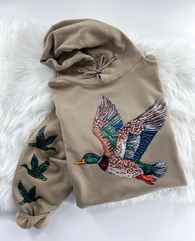 Mallard Duck Faux Sequin Glitter Bling Sweatshirt or Hoodie with Sleeve Prints Comfy Unisex Tops Oversized Cotton/Poly...
