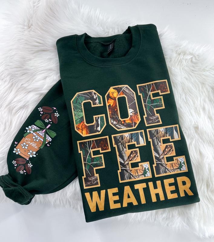 Camo Coffee Weather Sweatshirt or Hoodie with Sleeve Prints Comfy Unisex Tops Oversized Cotton/Poly Blend Soft Fabric...