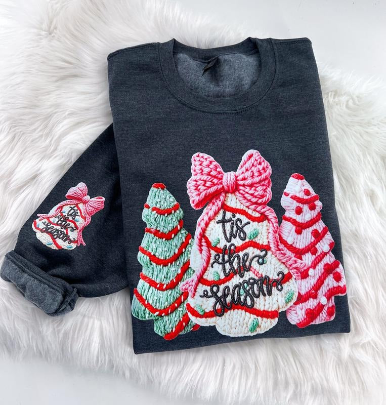 Tis the Season Tree Faux Crochet Cake Snack Bow Christmas Sweatshirt or Hoodie with Sleeve Prints Comfy Unisex Tops...