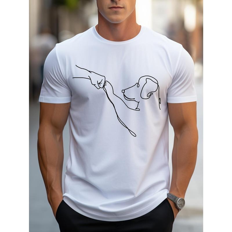 [Popular Choice] Men's Casual Fashion Dog Print Short Sleeve T-Shirt, Comfortable Versatile Polyester Blend, Round Neck