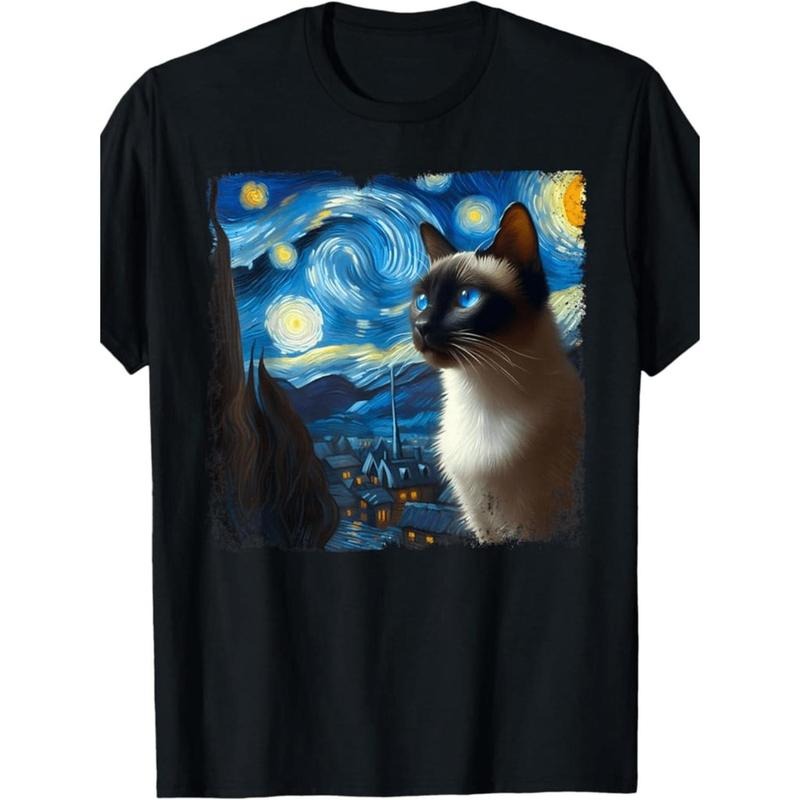 Premium 180g Soft Cotton Siamese Cat Starry Night Van Gogh Art Print T-Shirt Made in USA Hoodie, Sweatshirt | PodTeesHub.com