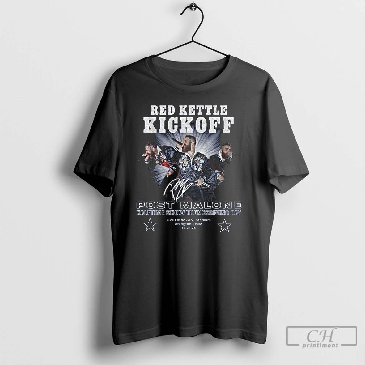 Premium Post Malone Red Kettle Kickoff Halftime Show Thanksgiving Day Signature T-Shirts, Hoodie, Sweatshirt | PodTeesHub.com