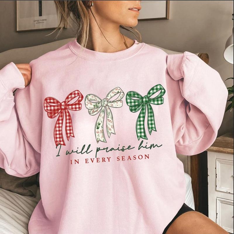 Preppy Bows Praise Him Christian Christmas Sweater, Religious Jesus Coquette Christmas Sweatshirt, Faith Xmas Gifts for...