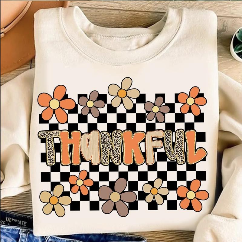 Preppy Checkered Thankful Fall Pumpkin Crewneck Sweatshirt, Pumpkin Season Coquette Leopard Autumn Tee, Coquette Pumpkin...