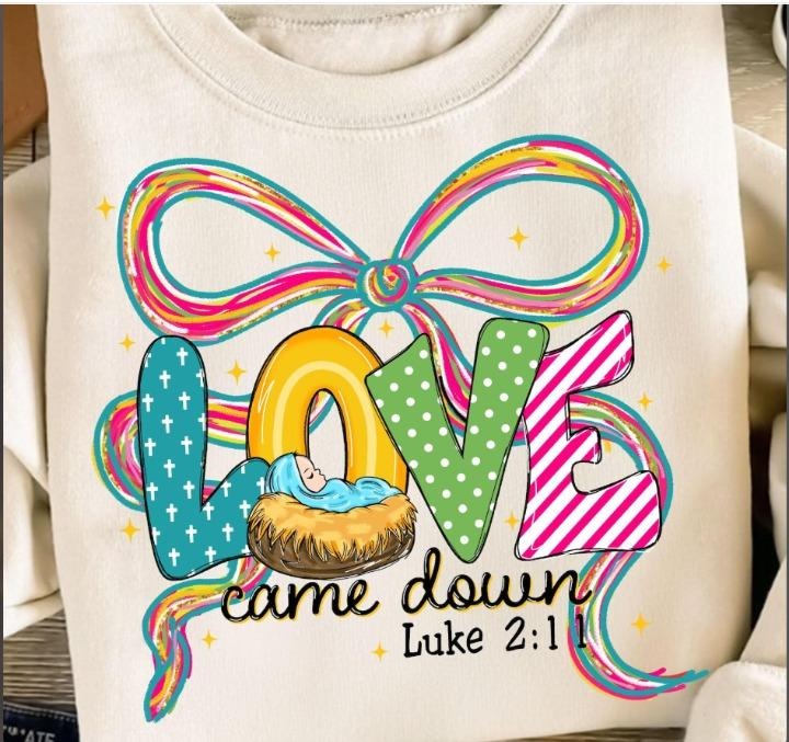 Preppy Christian Love Came Down Luke 2:11 Bible Verse Crewneck Cozy Sweater, Baby Jesus Christmas Shirt, Religious Xmas...