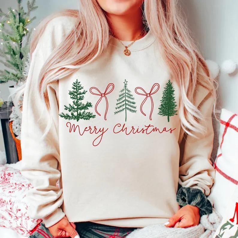 Preppy Christmas Tree Sweatshirt, Coquette Bow Holiday Graphic, Merry Christmas Shirt Art, Cute Coquette Merry Christmas...