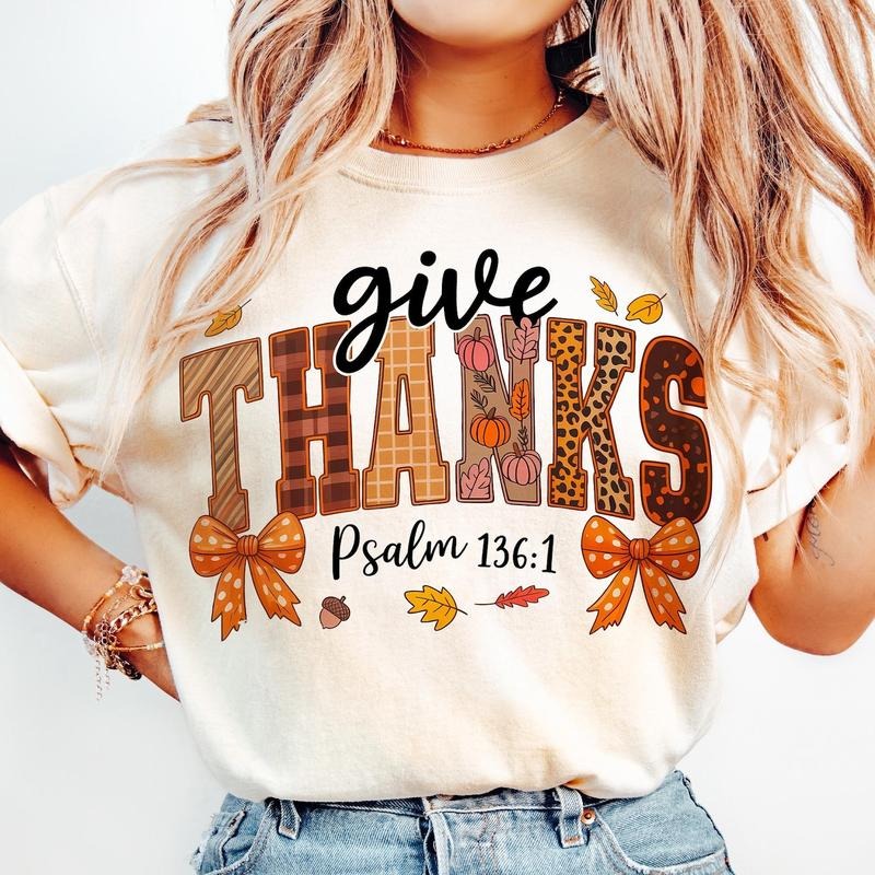 Preppy Fall Give Thanks Psalm 136:1 Bible Verse Tee, Thankful Fall Coquette Bow Shirt, Thanksgiving Jesus Apparel,...