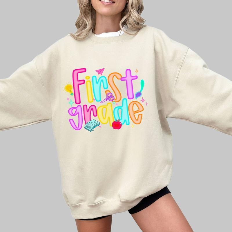 Preppy First Grade Teacher Shirt, Retro Back to School 1st Grade Tee, Teacher Team Outfits, Colorful Neon Graphic...