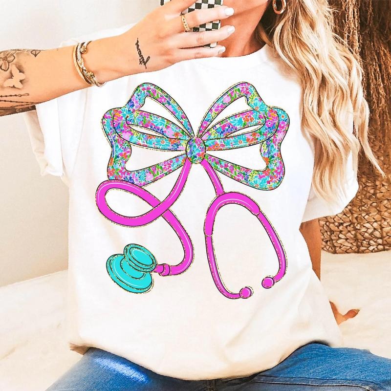 Preppy Floral Stethoscope Nurse Bow Sweatshirt, Nurse Shirt, CNA RN Nurse, Registered Nurse Shirt, School Nurse, Floral...