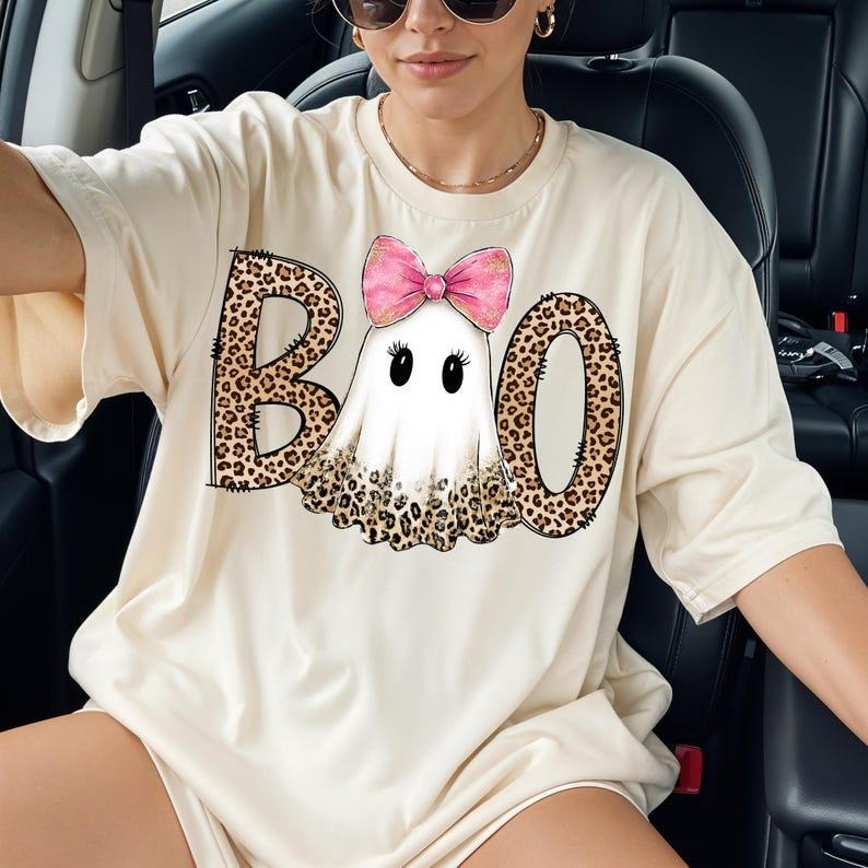 Preppy Ghost Boo Sweatshirt, Leopard Spooky Coquette Shirt, Halloween Fall Trendy Pumpkin Sweatshirt Hoodie | PodTeesHub.com