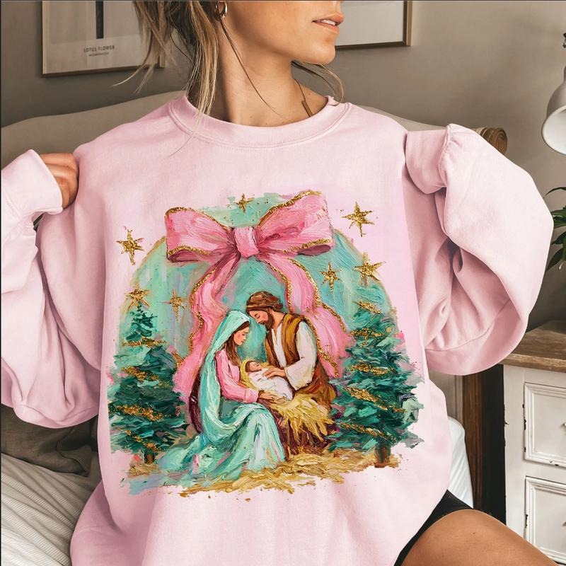 Preppy Painted Christian Nativity Scene Brushstroke Cozy Sweater, Faith Christmas Greatest Gift of all Nativity Coquette...