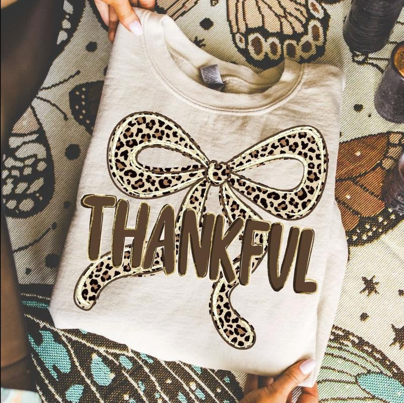 Preppy Thankful Thanksgiving Coquette Leopard Sweater, Fall Retro Neutral Whimsical Trendy Tee, Thanksgiving Gifts for...