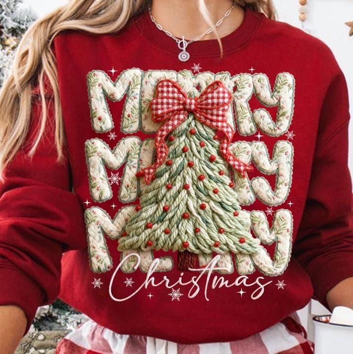 Printed Faux Yarn Latch Hook Yarn Crochet Coquette Floral Merry Christmas Sweatshirt, Christmas Tree Christmas Sweater,...