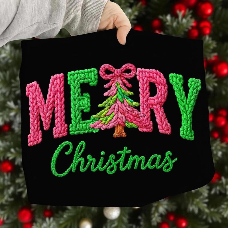 Printed Faux Yarn Merry Christmas Sweatshirt, Yarn Christmas Tree Chunky Knit Coquette Bow Christmas Sweater, Trendy...