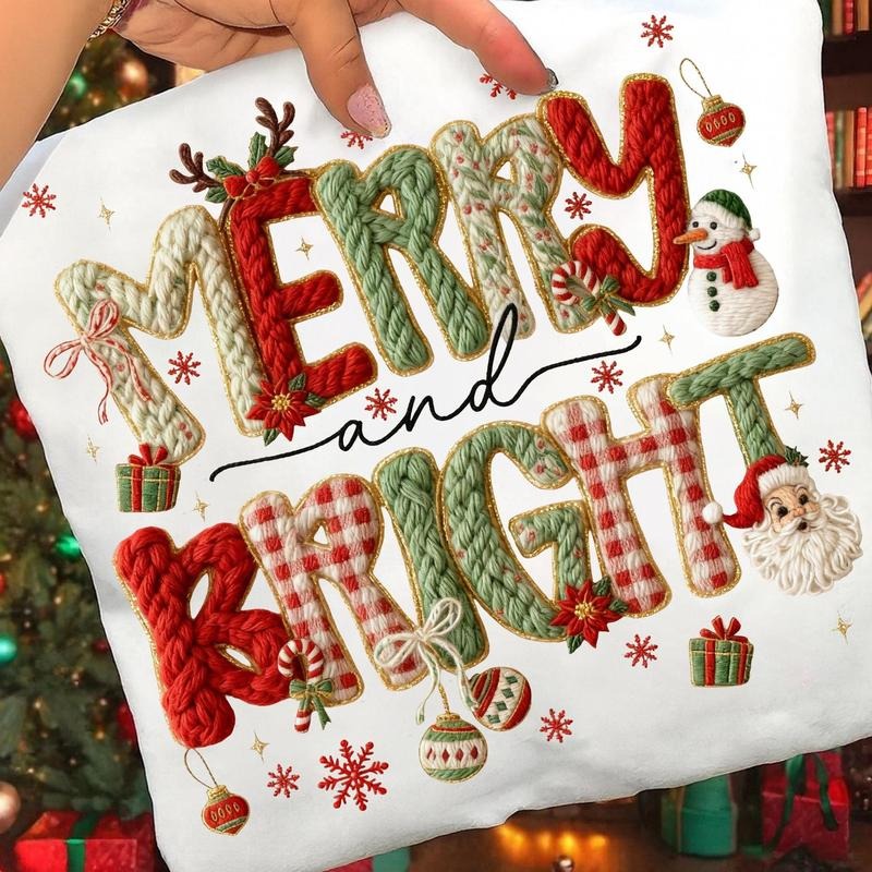 Printed Faux Yarn Merry and Bright Merry Christmas Sweatshirt, Chunky Knit Coquette Bow Christmas Sweater, Trendy...