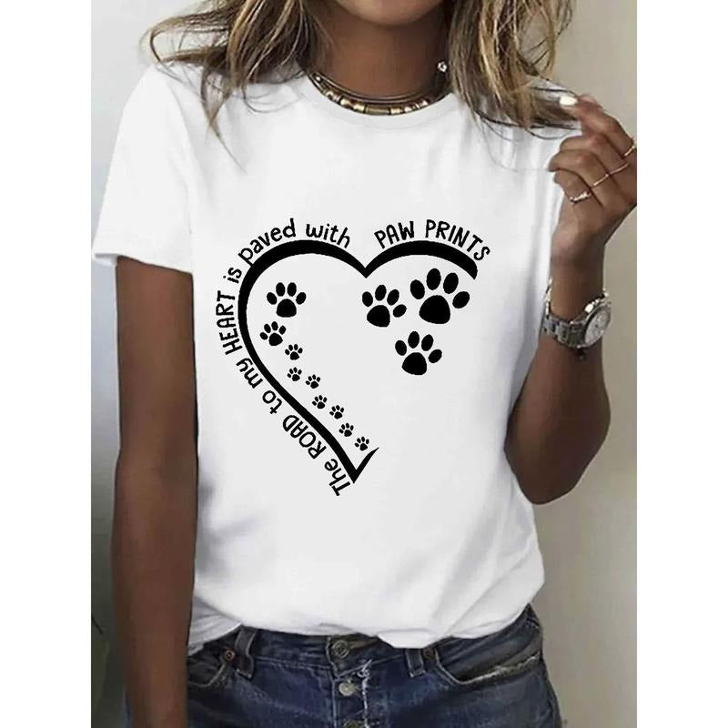 Printed T-Shirt with Heart-Shaped Paw Print Pattern, Casual Women'S T-Shirt of The Season, Round Neck Pure Short Sleeved...