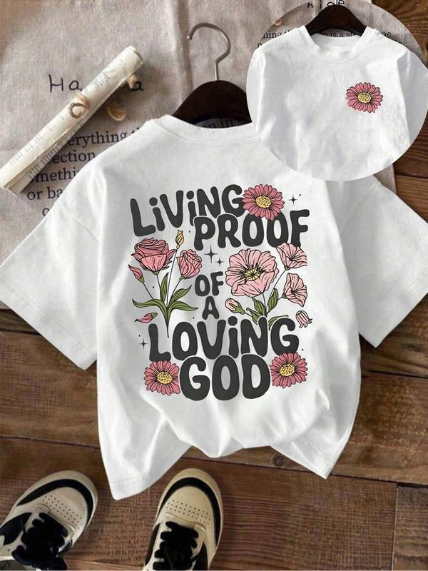 Printed T-Shirt, Cute Flowers & Inspirational Quotes, Women's Casual Loose Fit, Perfect for Teen Groups, Church...