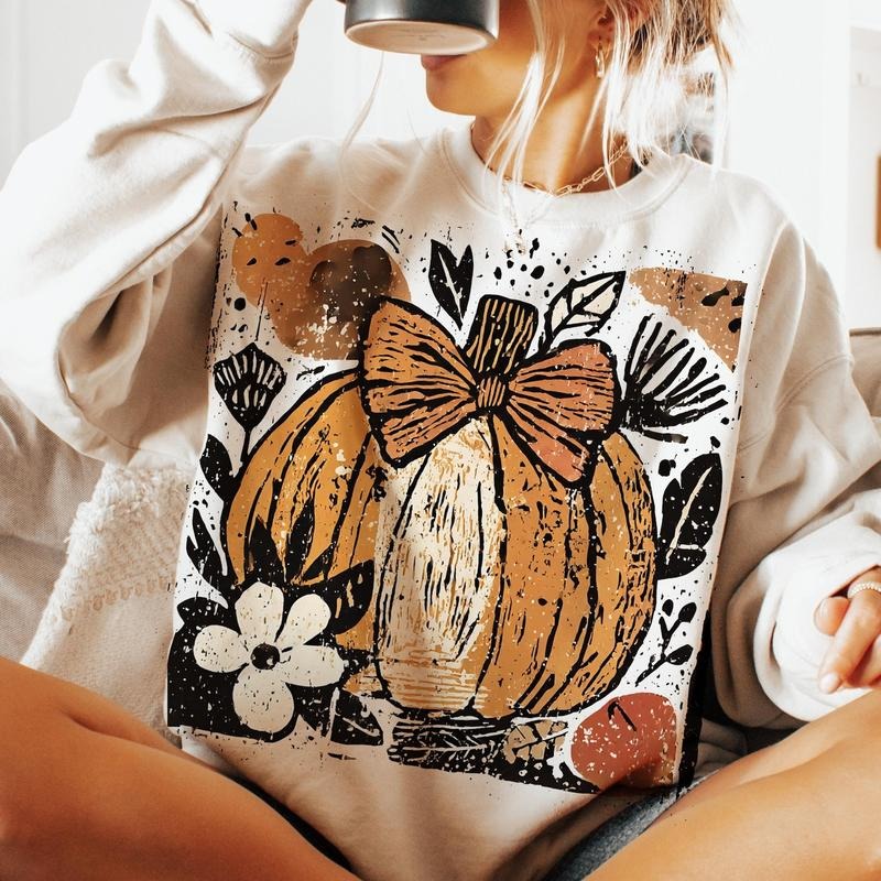 Pumpkin Boho Floral Fall Vibes Crewneck Sweatshirt, Fall Pumpkin Thanksgiving Tee, Autumn Boho Lace Gifts for Her Hoodie