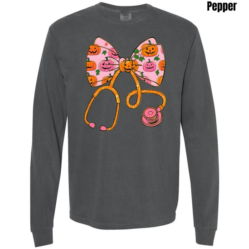 Pumpkin Bow Stethoscope Long Sleeve Comfort Colors T-Shirt 'NLB' Hoodie, Sweatshirt | PodTeesHub.com