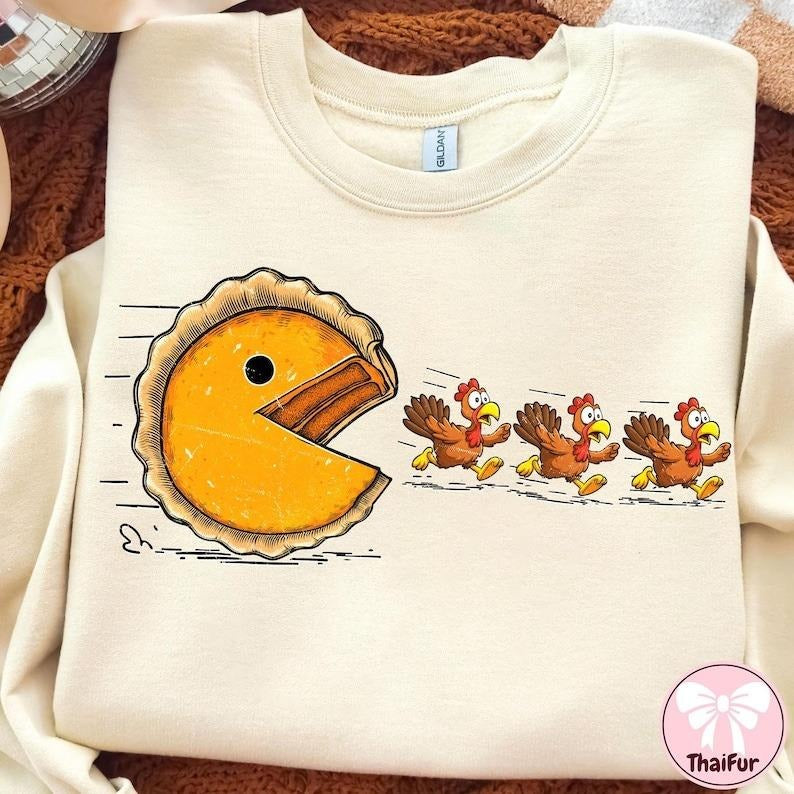 Pumpkin Season Thanksgiving Hoodie - Sweatshirt - T-shirt, Retro Funny Turkey Shirt, Pumpkin Pie Chasing Design, Fall...