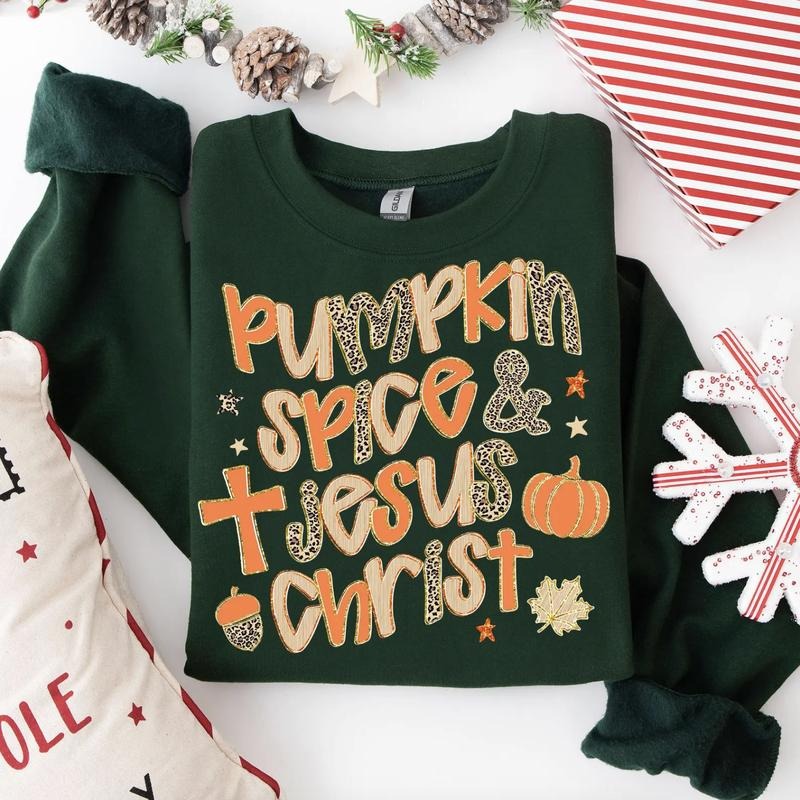 Pumpkin Spice & Jesus Christ Preppy Leopard Fall Vibes Sweater, Christian Fall Coquette Tee, Fall Pumpkin Gifts Hoodie,...