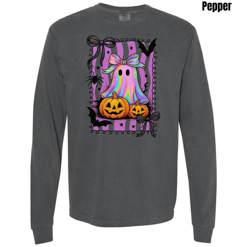 Pumpkins & Rainbow Ghost Comfort Colors Long Sleeve T-Shirt 'NLB' Hoodie, Sweatshirt | PodTeesHub.com