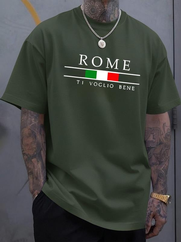 Pure Cotton Short Sleeve T-Shirt, Rome Print Italian Flag Design, Ti Voglio Bene Text, Casual Streetwear for All Seasons...