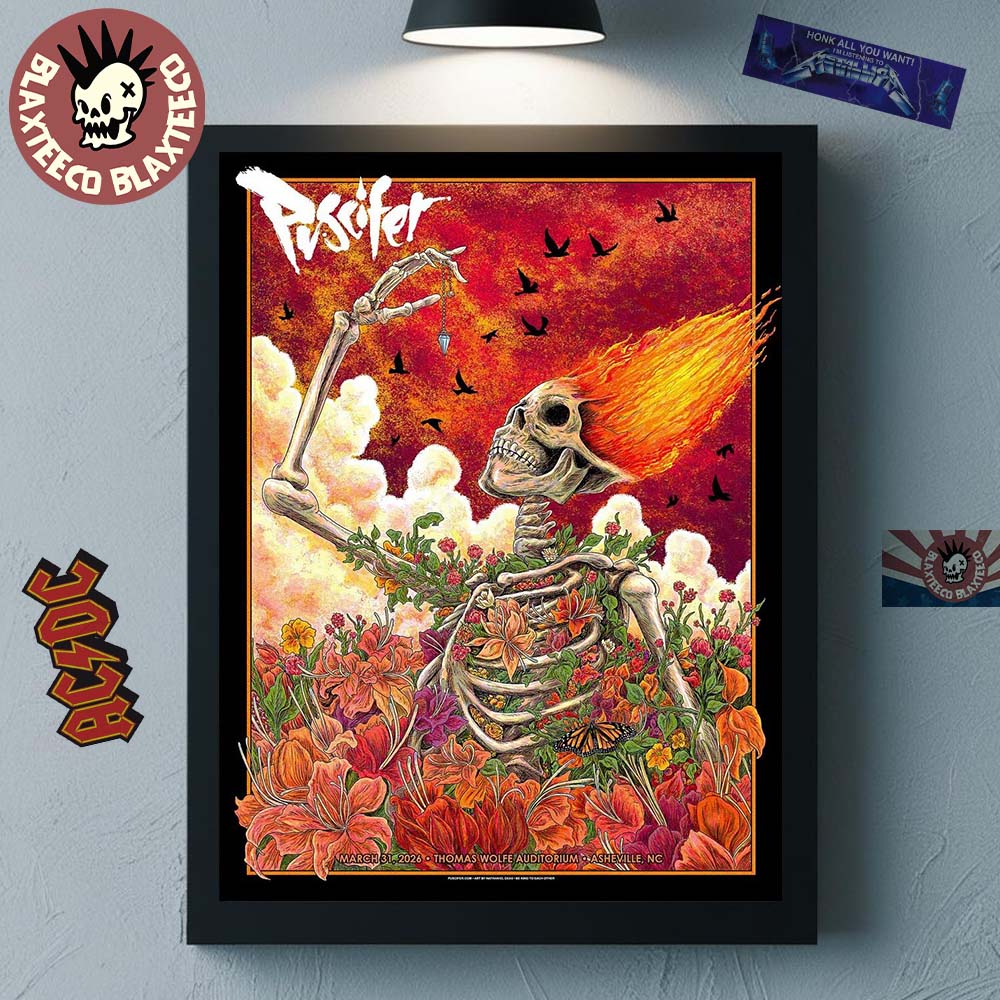 Puscifer Asheville North Carolina 2026 Gig Poster At Thomas Wolfe Auditorium On March 31 2026 Floral Flame Skeleton Art Poster Canvas
