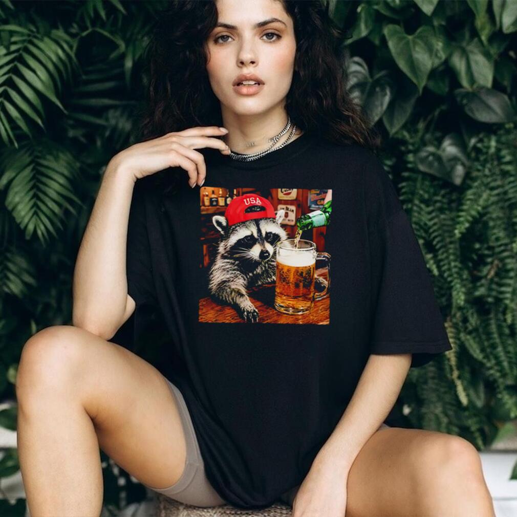 Raccoon Wearing USA Red Hat Drinking Beer Bar Scene T Shirt