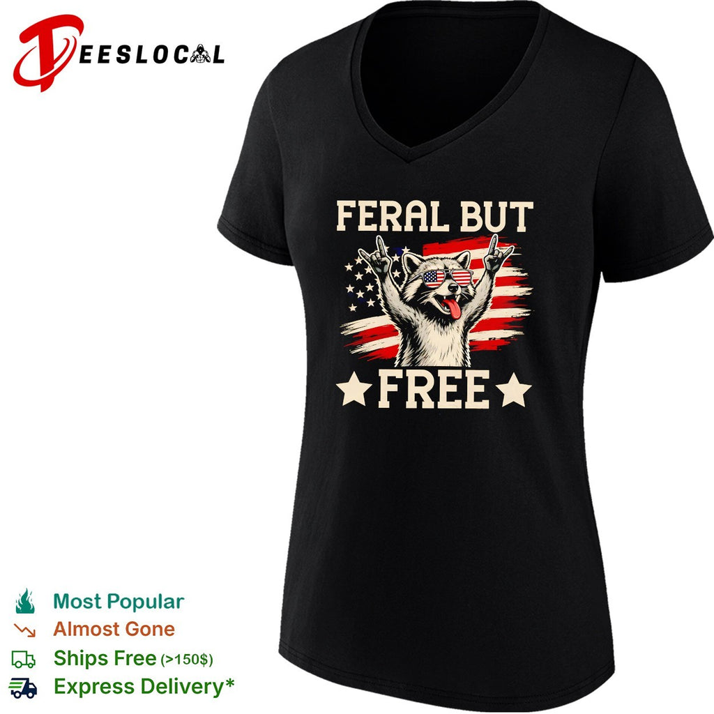 Raccoon raising arms wearing USA glasses feral but free shirt