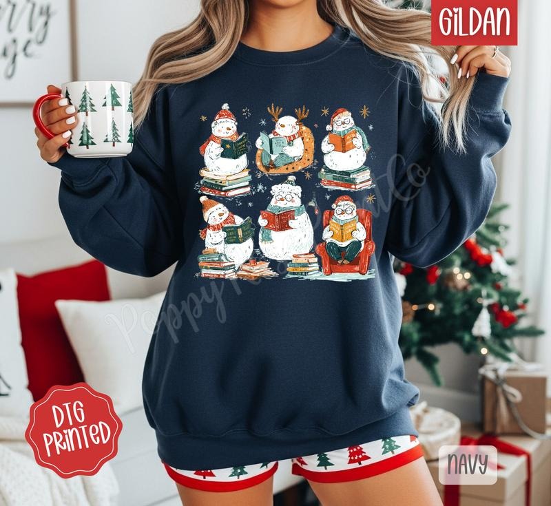 Reading Snowman Sweatshirt, Trendy Women's Christmas Crewneck T-Shirts, Hoodie | PodTeesHub.com
