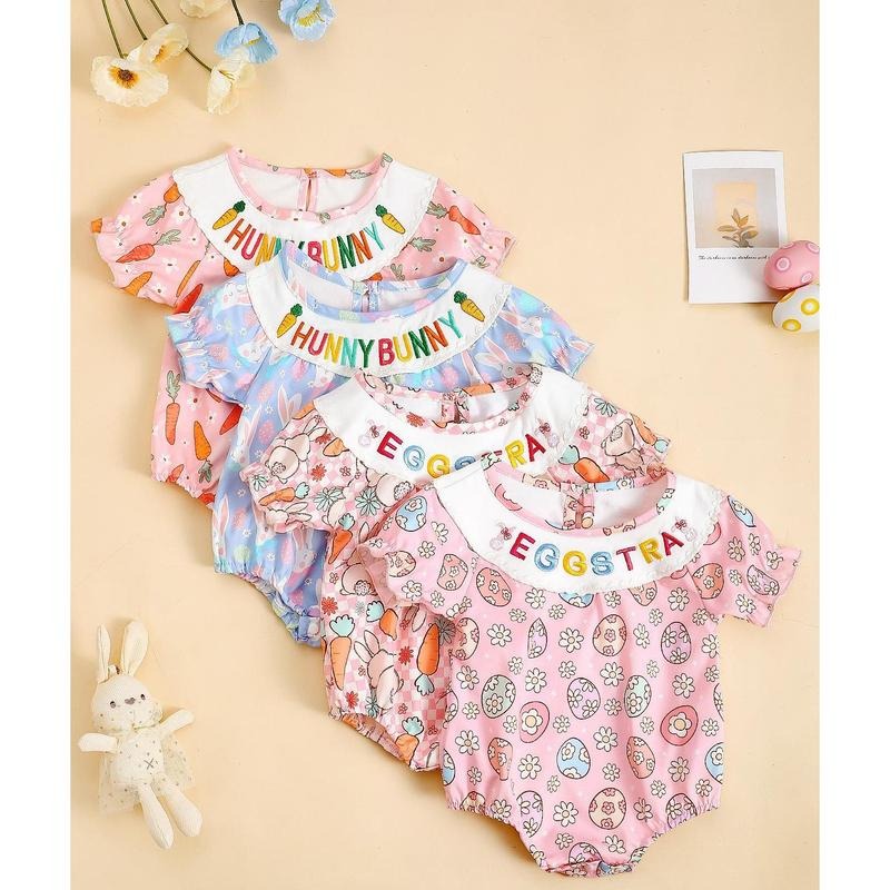 Ready Stock 0-18M Baby Girls Cute All-over Printed Bubble Short Sleeve Letter Embroidery Summer Onesies Clothes For...