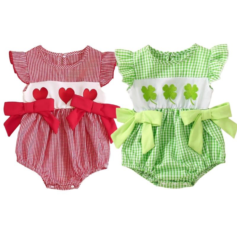 Ready Stock 0M 3M 6M 12M Baby Girls Valentine's Day St. Patrick's Day Letter Embroidery Ruffle Long Sleeve Bow Decorate...
