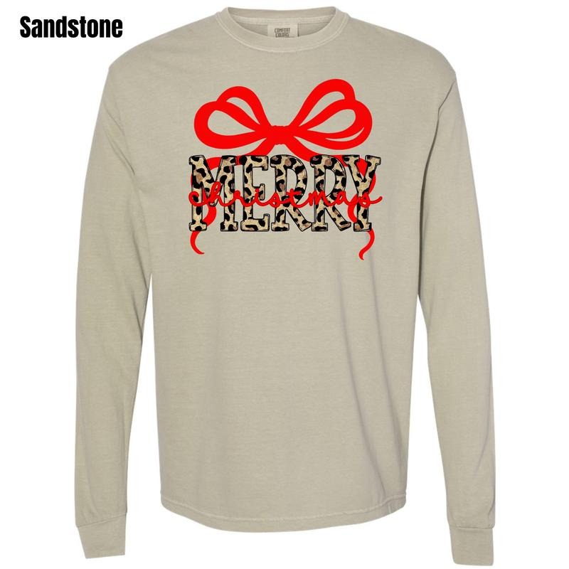 Red & Cheetah Merry Bow Long Sleeve Comfort Colors T-Shirt 'NLB' Hoodie, Sweatshirt | PodTeesHub.com
