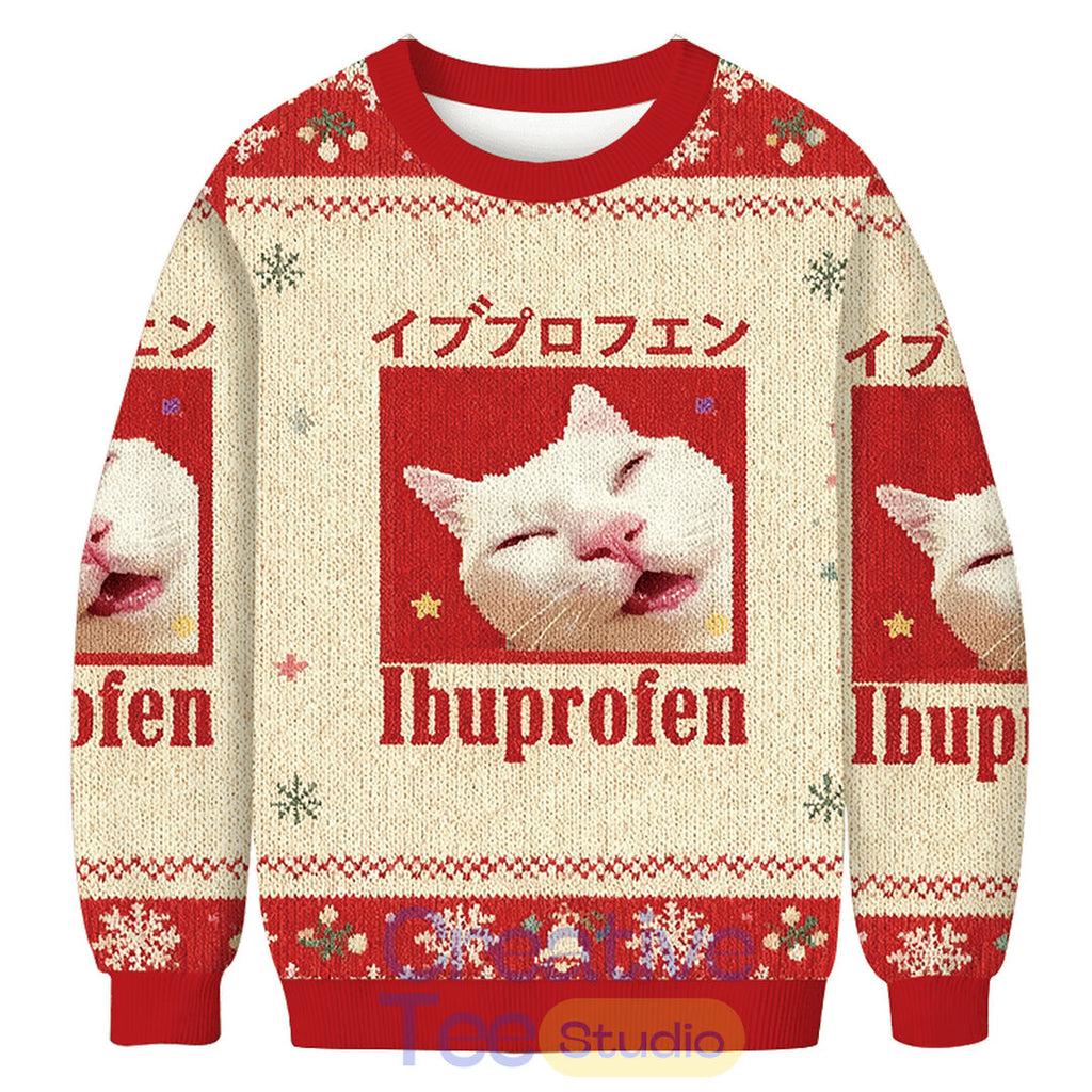 Red Ibuprofen Meme Cat Christmas Ugly Sweater