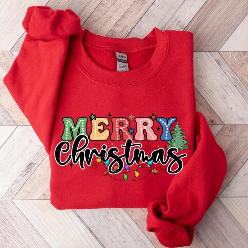 Red Merry Christmas Sweatshirt: Holiday Party Outfit, Merry Crewneck, Cute Xmas Holiday Gift for Her, Christmas Stocking...