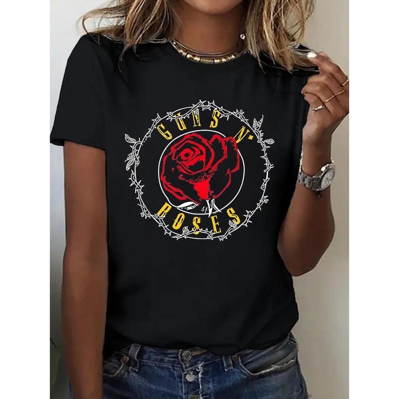 Red Rose Pattern Printed T-Shirt, Seasonal Casual Women'S T-Shirt, Round Neck Pure Short Sleeved T-Shirt, Outdoor Sports,...