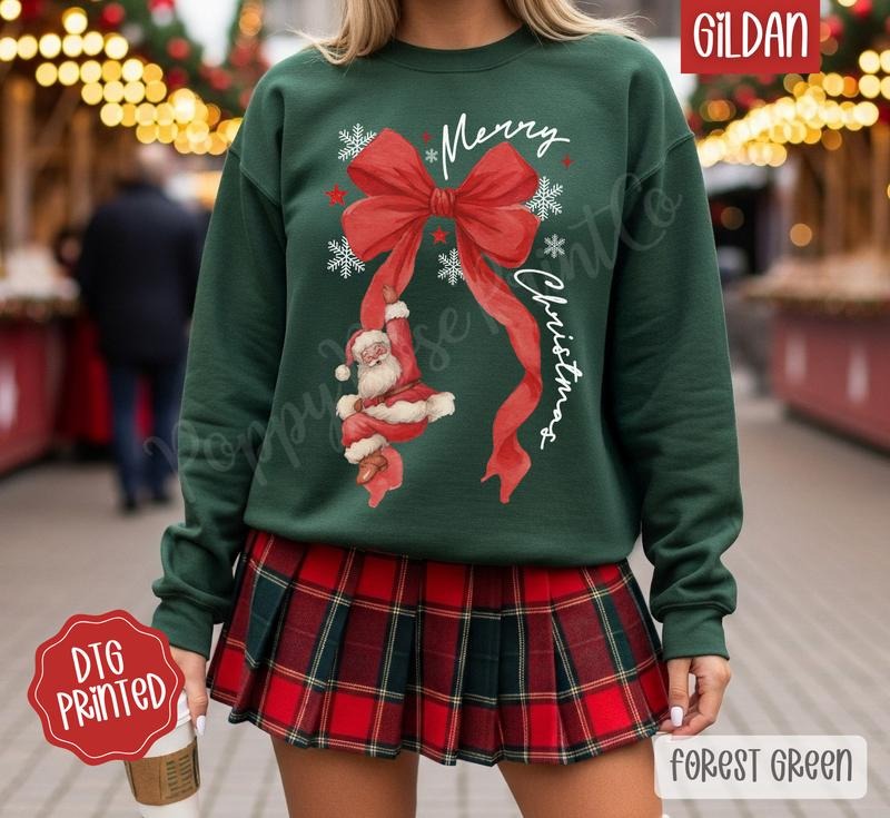 Red Santa Bow Sweatshirt, Trendy Women's Christmas Crewneck T-Shirts, Hoodie | PodTeesHub.com