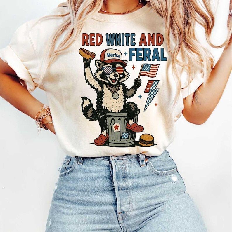 Red White And Feral Shirt, 4th Of July Shirt, Funny Raccoon 4th Of July Shirt, Merica, Hotdog Raccoon Tee, Retro American...